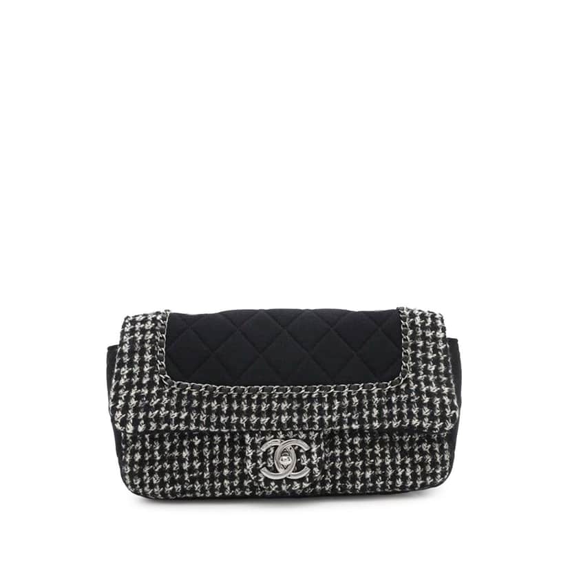 Chanel Medium Quilted Jersey and Tweed Chain Flap Black Cotton Good condition - Front View