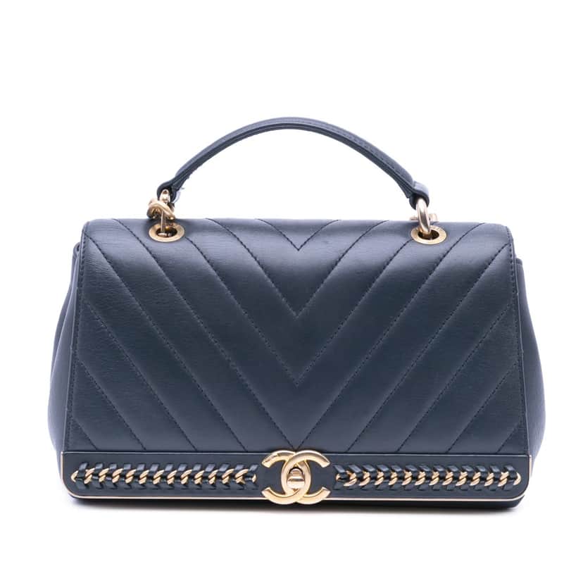 Chanel Chevron Sheepskin Stitched Chain Top Handle Flap Black Leather Good condition - Front View