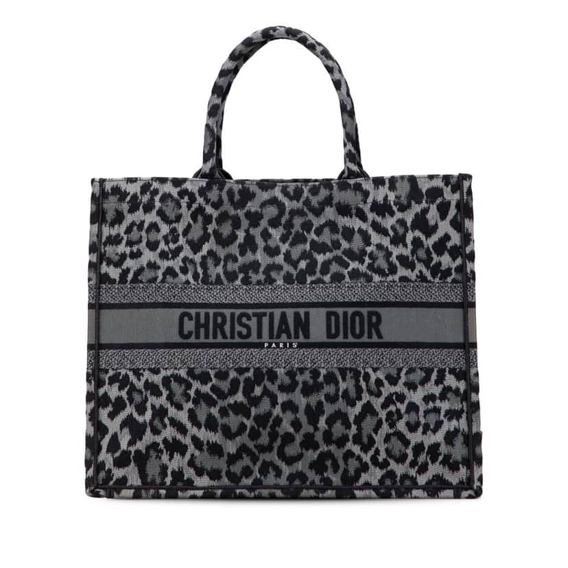 Dior Mizza Large Embroidered Canvas Leopard Book Tote Grey Canvas Good condition - Front View