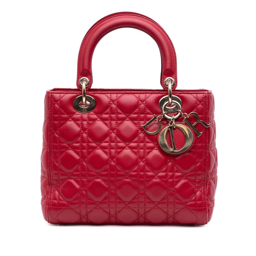 Dior Medium Lambskin Cannage Lady Dior Red Leather Good condition - Front View