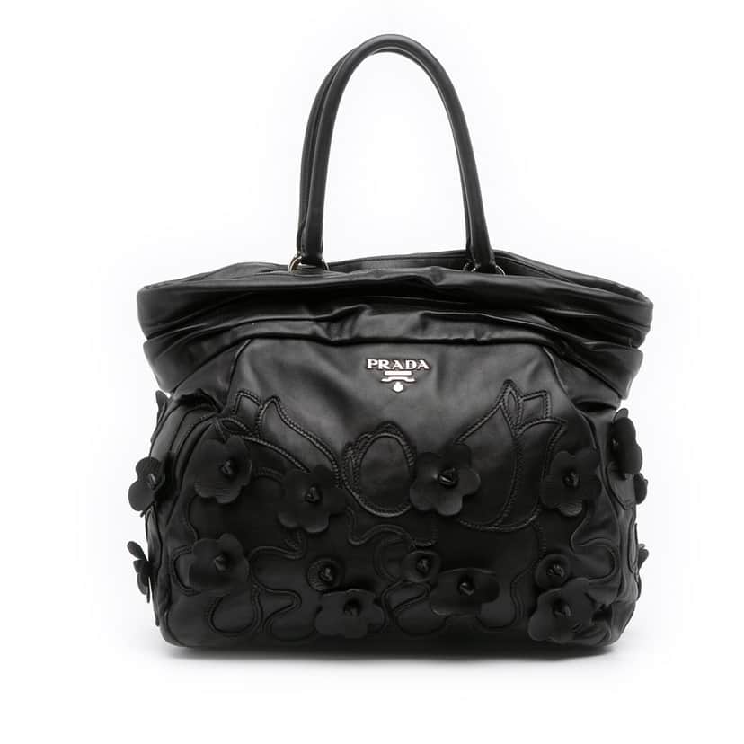Prada Nappa Intarsio Flower Shopping Tote Black Leather Good condition - Front View