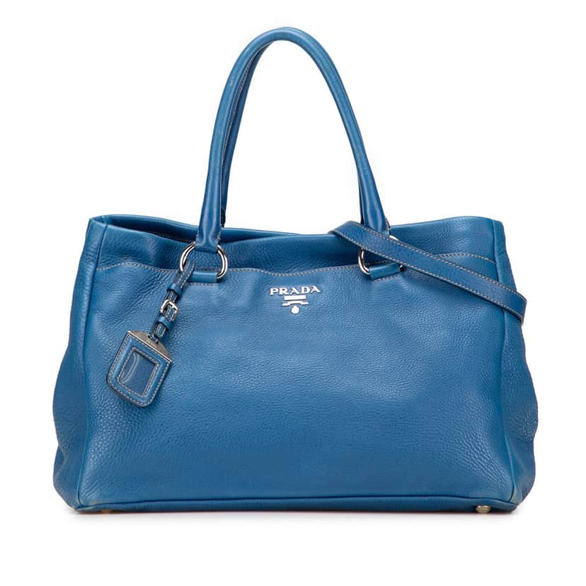Prada Vitello Daino Open Convertible Tote Blue Leather Good condition - Front View