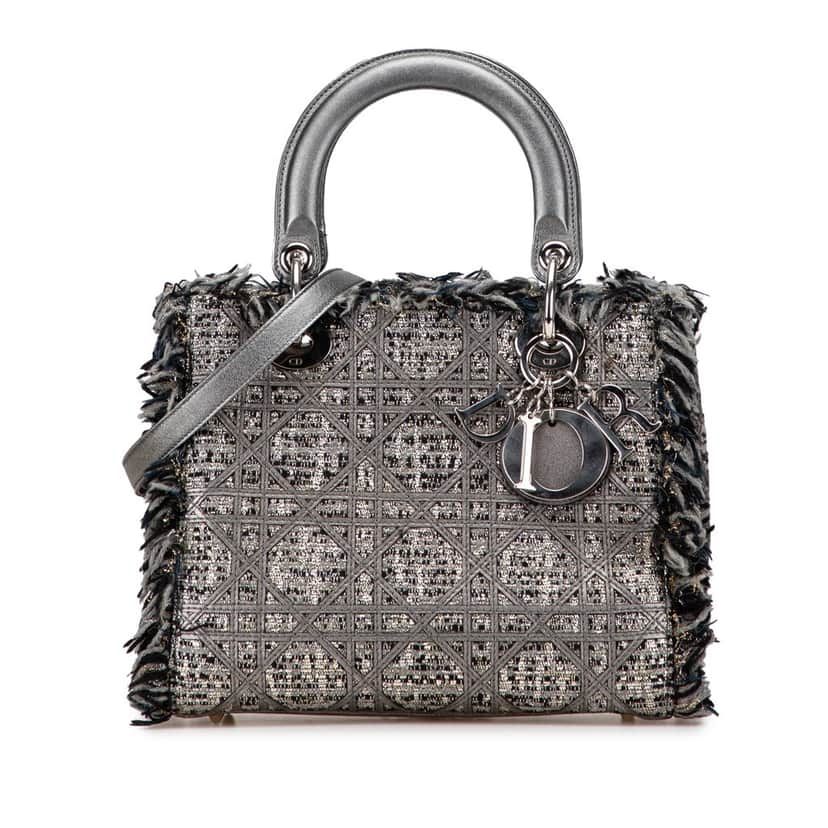Dior Medium Tweed Cannage Fringe Lady Dior Grey Tweed Good condition - Front View