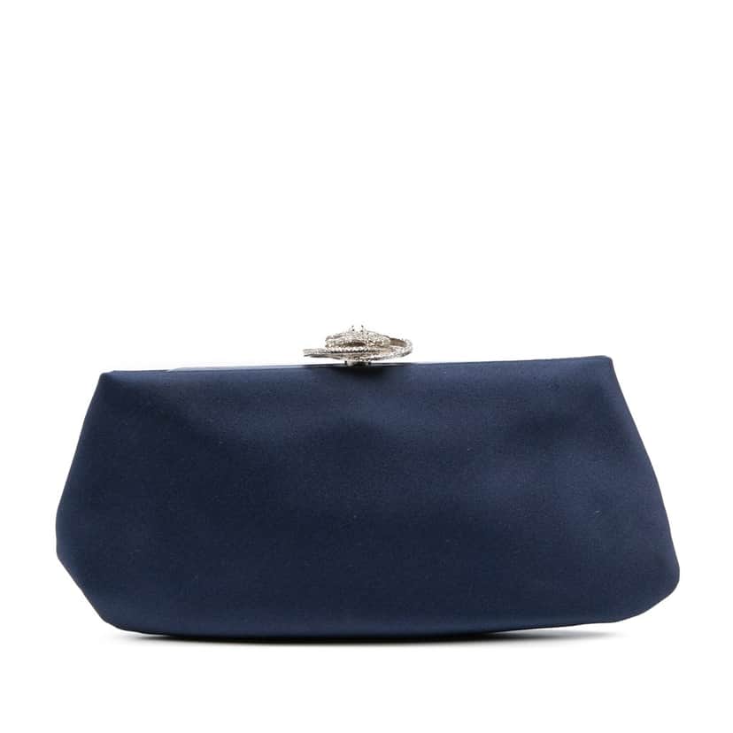 Chanel Satin Crystal Camellia Evening Frame Clutch Blue Satin Good condition - Front View
