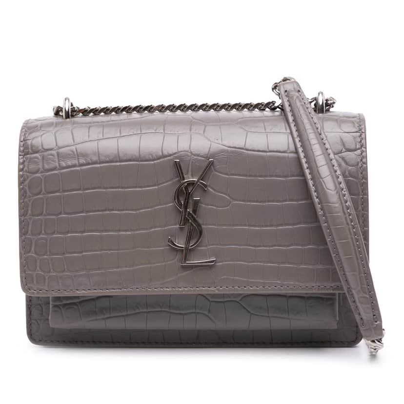 Saint Laurent Croc Embossed Leather Monogram Sunset Chain Wallet Grey Leather Good condition - Front View