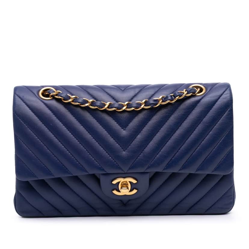 Chanel Medium Classic Chevron Lambskin Double Flap Blue Leather Good condition - Front View