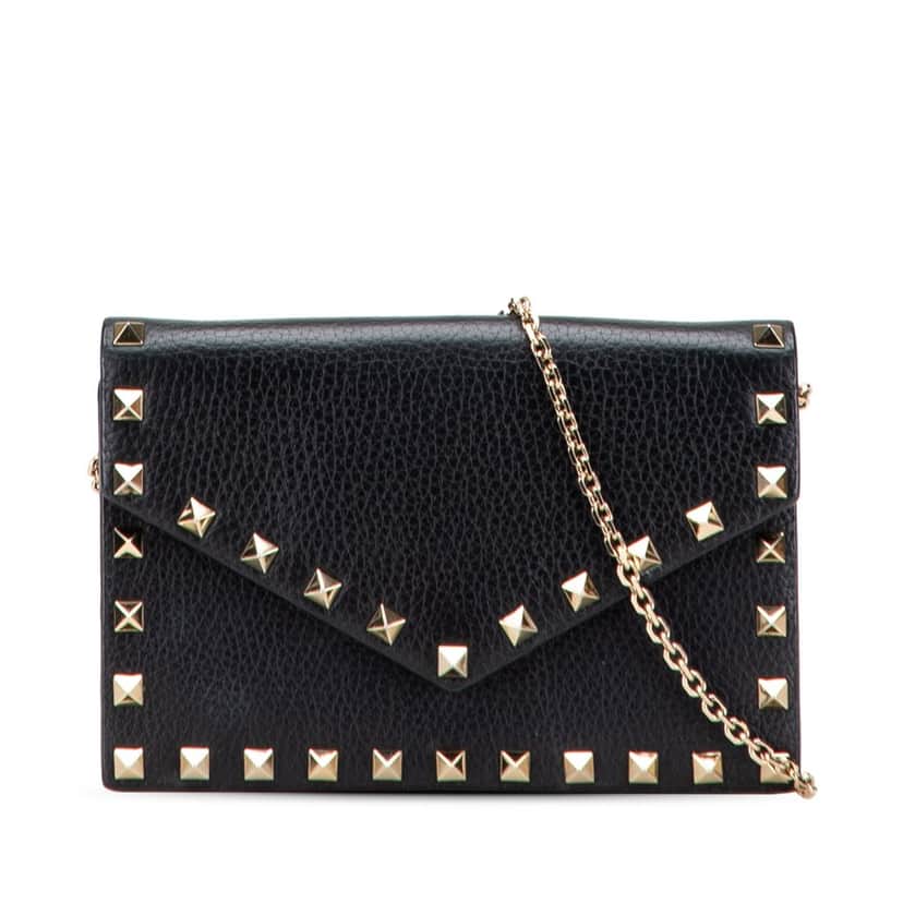 Valentino Pebbled Calfskin Rockstud Envelope Wallet on Chain Black Leather Good condition - Front View