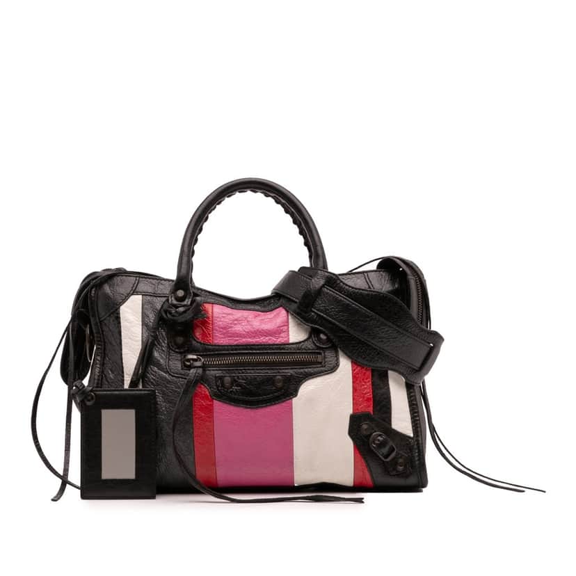 Balenciaga Small Lambskin Motocross Striped Classic City Satchel Black Leather Good condition - Front View
