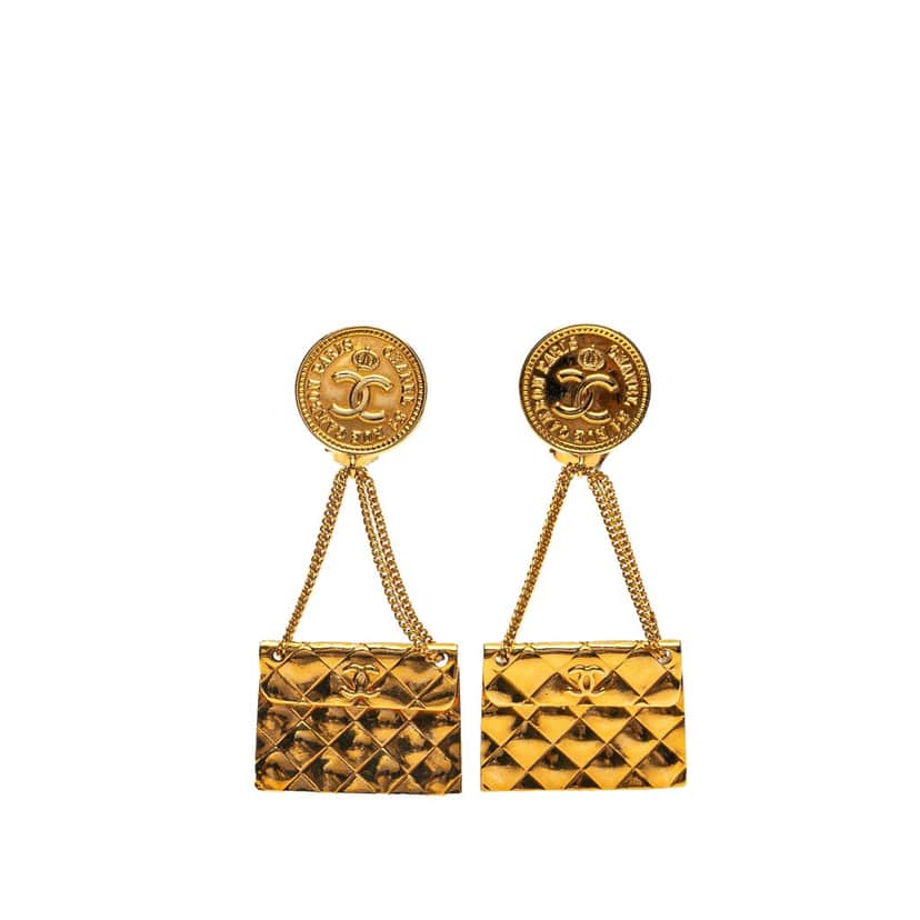 Chanel Gold Plated Flap Bag Drop Clip On Earrings Gold Metal Good condition - Front View