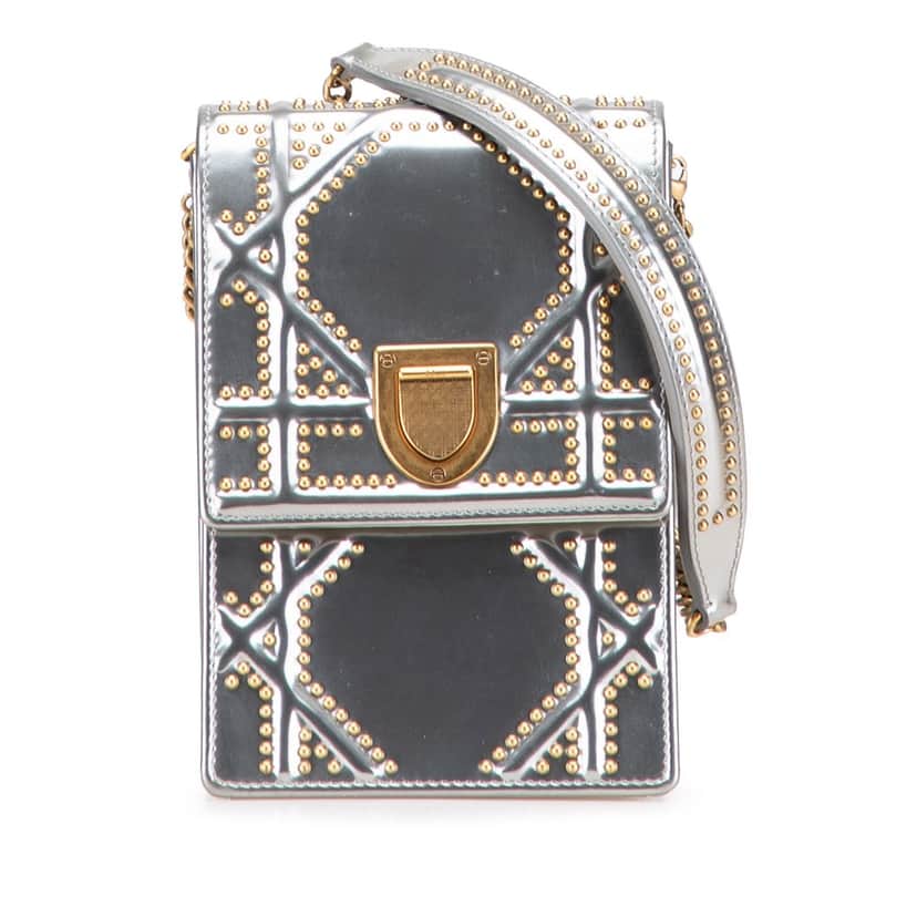Dior Metallic Studded Calfskin Vertical Diorama Silver Leather Good condition - Front View