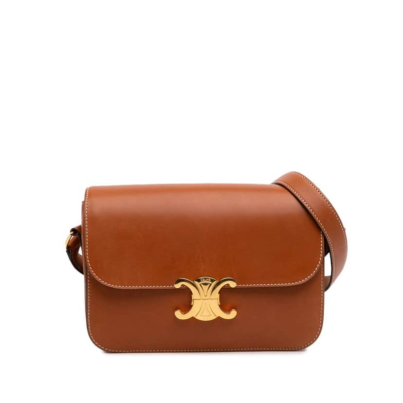 Celine Shiny Calfskin Claude Shoulder Bag Brown Leather Good condition - Front View