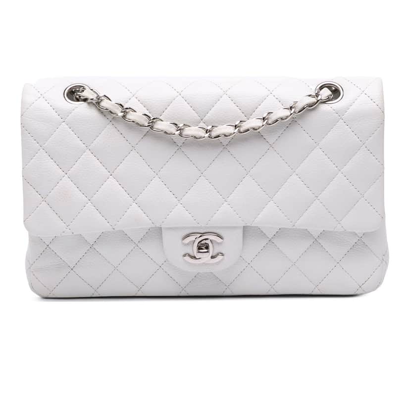 Chanel Medium Classic Caviar Double Flap White Leather Very good condition - Front View