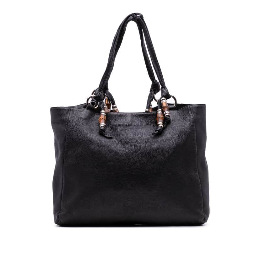 Gucci Large Pebbled Calfskin Bamboo Jungle Convertible Tote Black Leather Good condition - Front View