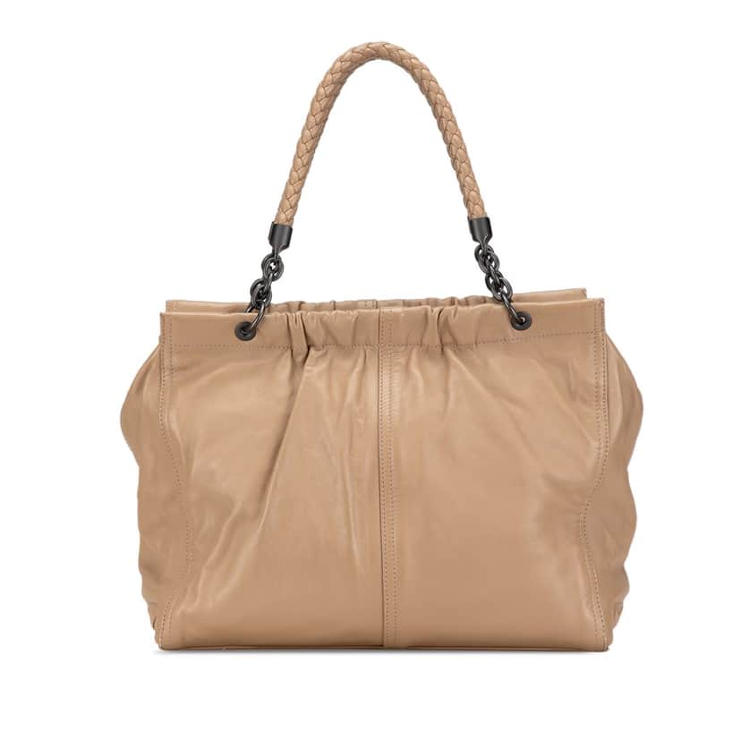 Bottega Veneta Intrecciato Trimmed Calfskin Handbag Brown Leather Good condition - Front View