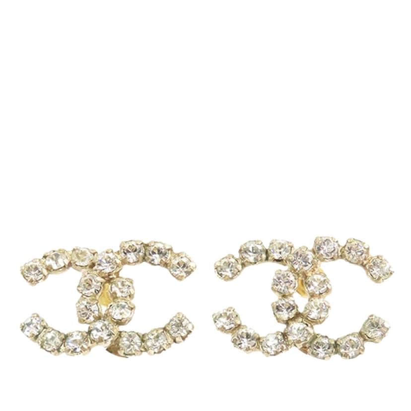 Chanel CC Gold Plated Rhinestones Push Back Earrings Gold Metal Good condition - Front View