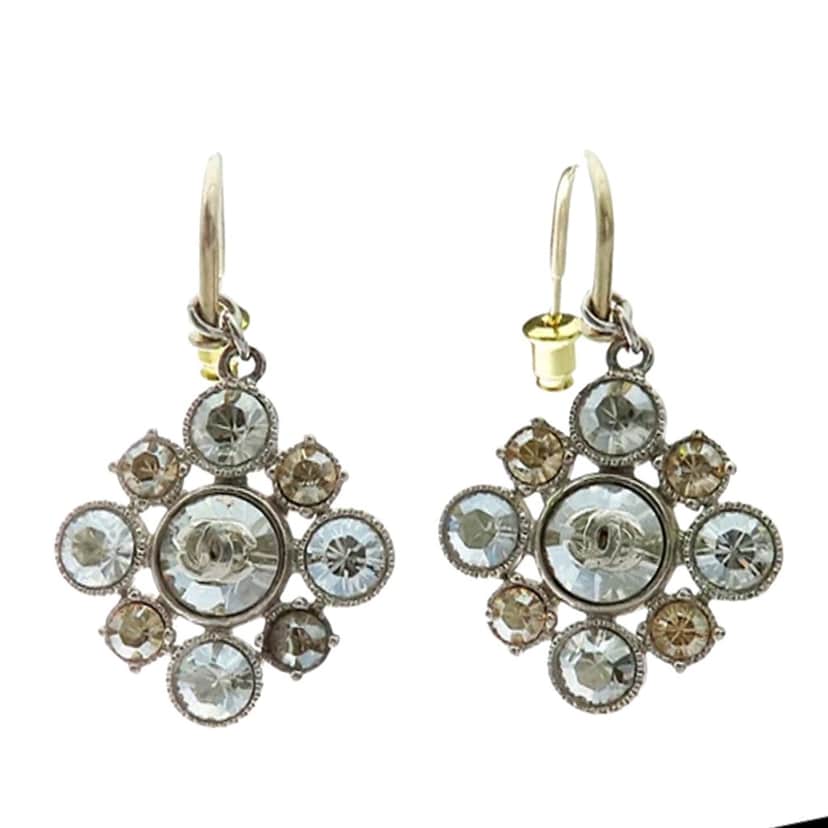 Chanel CC Silver Plated Crystal Dangle Earrings Silver Metal Good condition - Front View