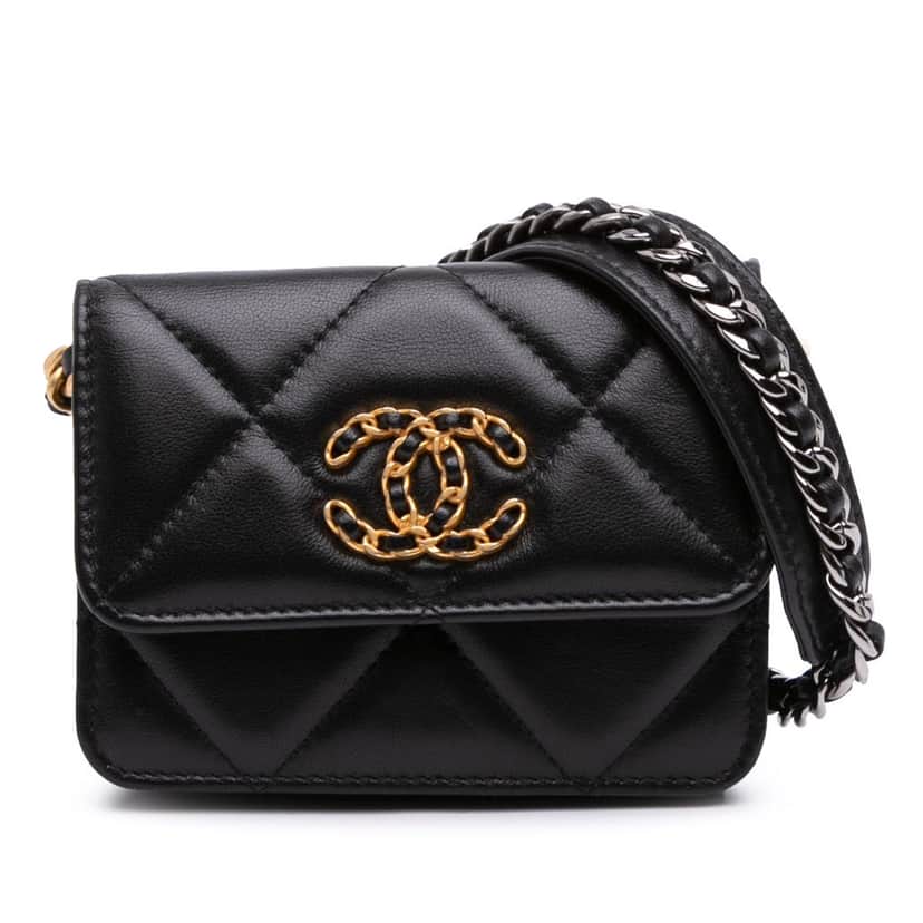 Chanel Lambskin 19 Flap Coin Purse With Chain Black Leather Good condition - Front View