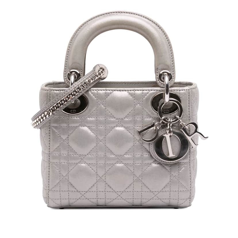 Dior Mini Iridescent Lambskin Cannage Lady Dior Silver Leather Good condition - Front View