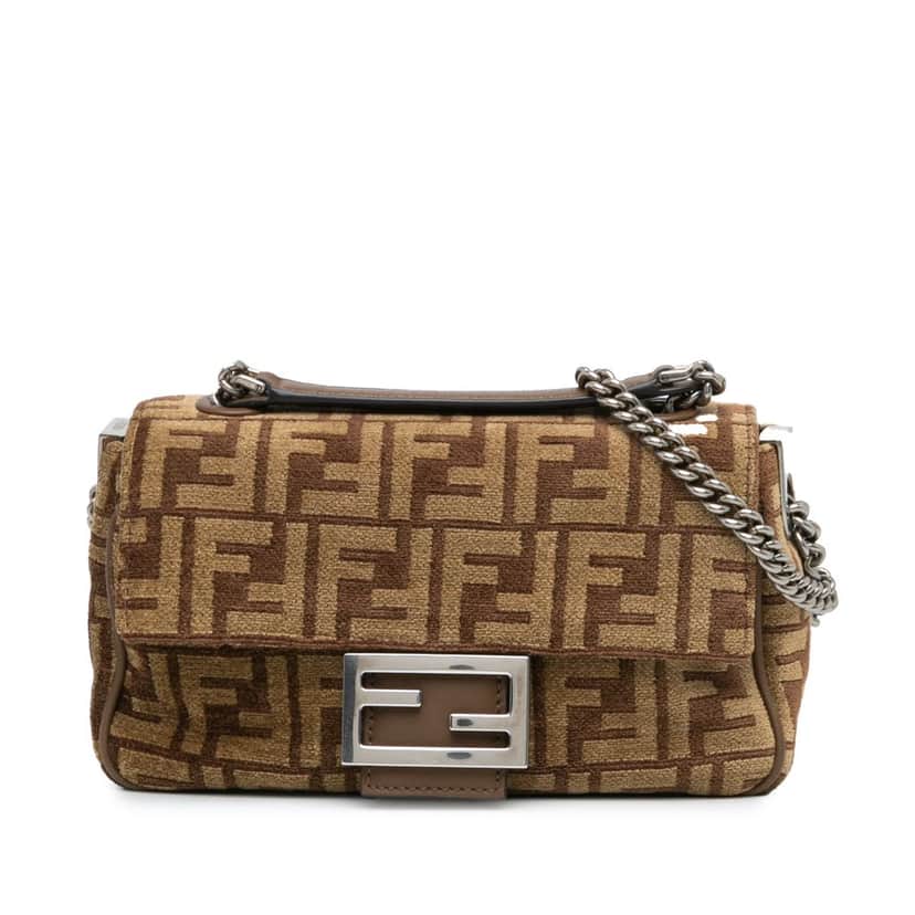 Fendi Zucca Wool Chain Midi Baguette Brown Wool Good condition - Front View