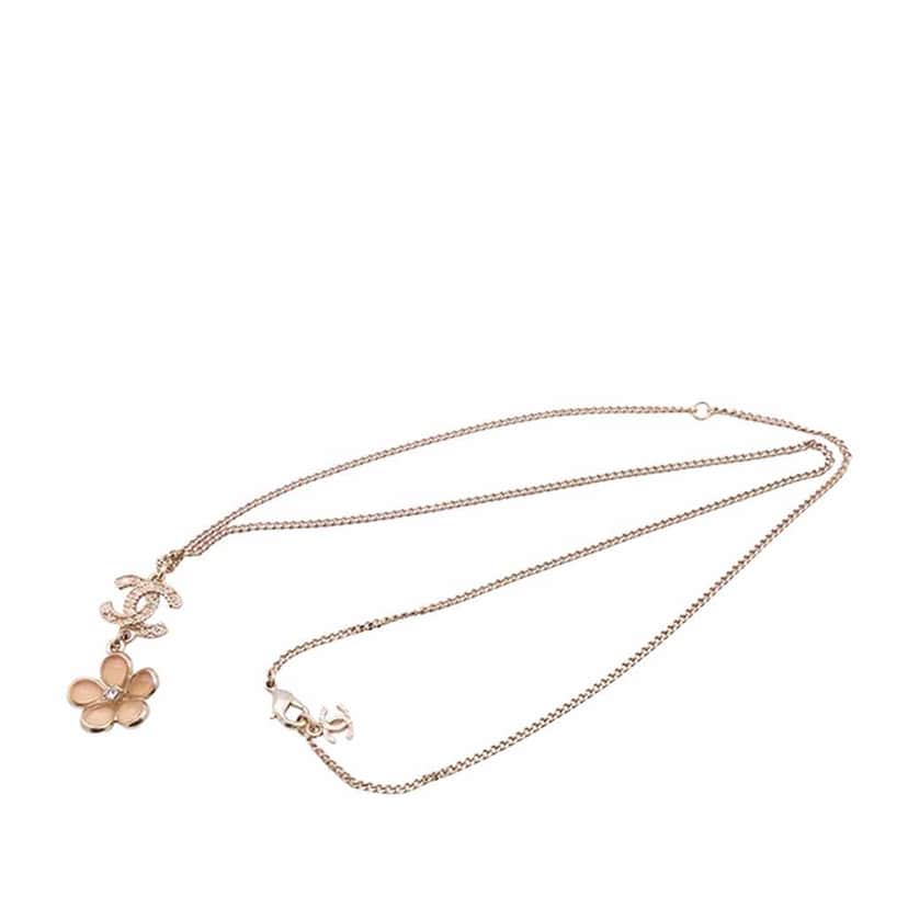 Chanel Gold Plated Resin Rhinestone CC Flower Pendant Necklace Gold Metal Good condition - Front View