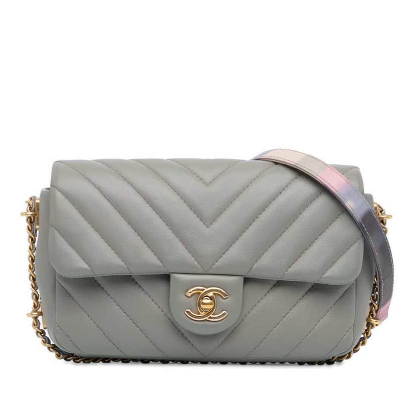 Chanel Mini Rectangular Chevron Lambskin Chain Around Flap Grey Leather Good condition - Front View