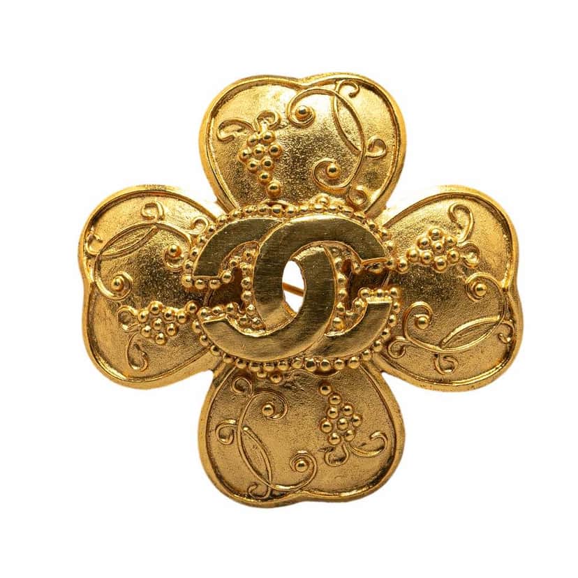 Chanel Gold Plated CC Clover Brooch Gold Metal Good condition - Front View