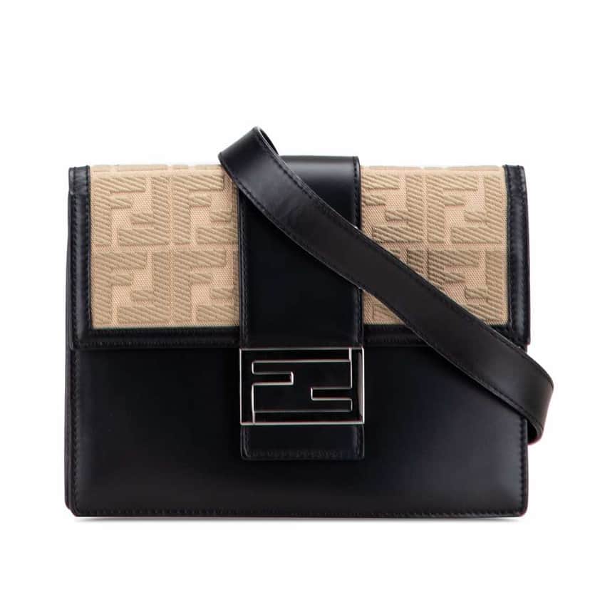 Fendi Calfskin and Canvas FF 1974 Flat Baguette Crossbody Black Leather Good condition - Front View