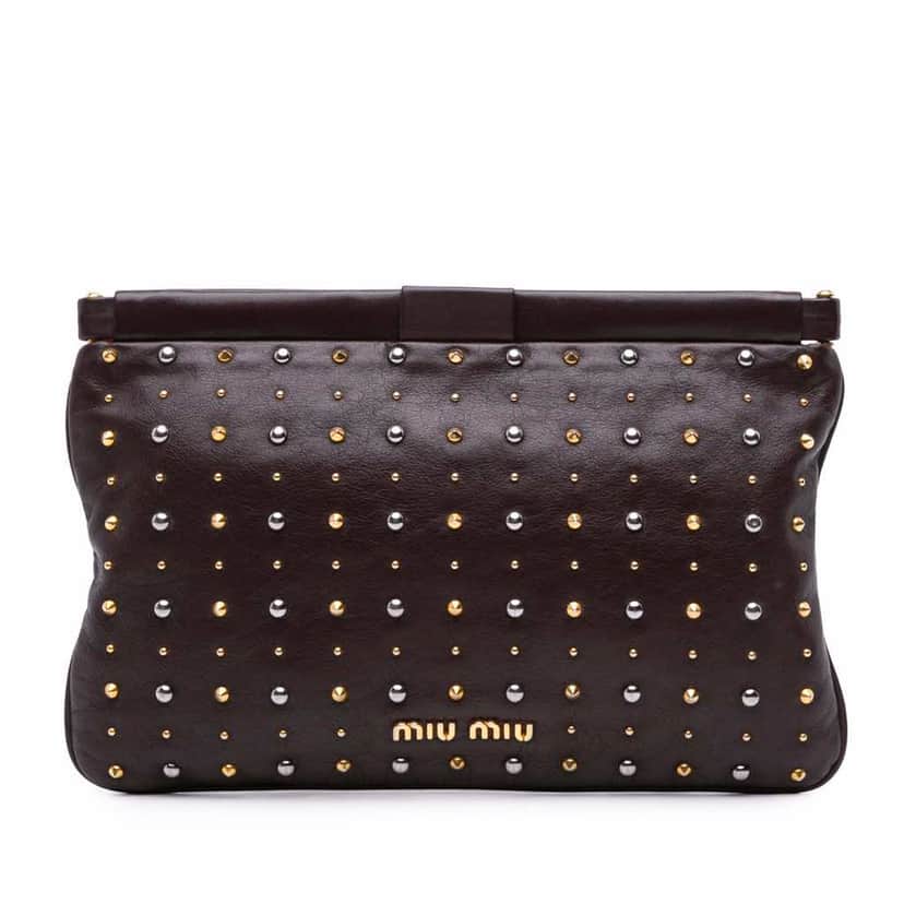Miu Miu Leather Studded Frame Clutch Brown Leather Good condition - Front View