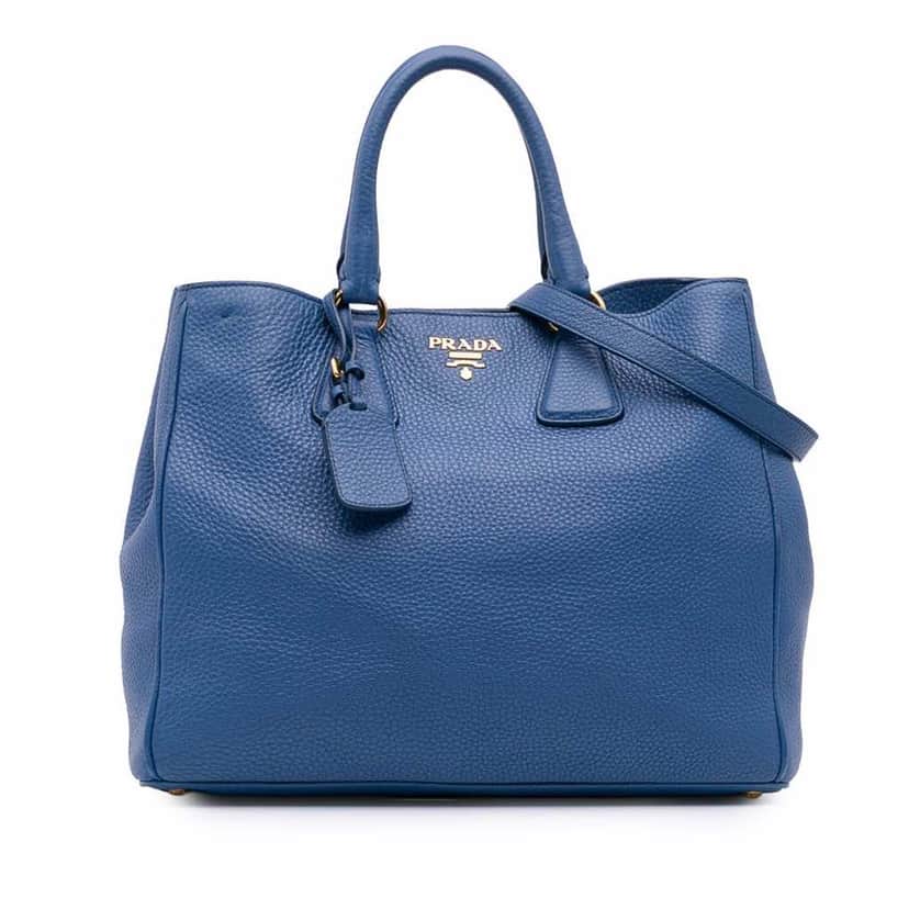 Prada Vitello Daino Open Convertible Tote Blue Leather Good condition - Front View
