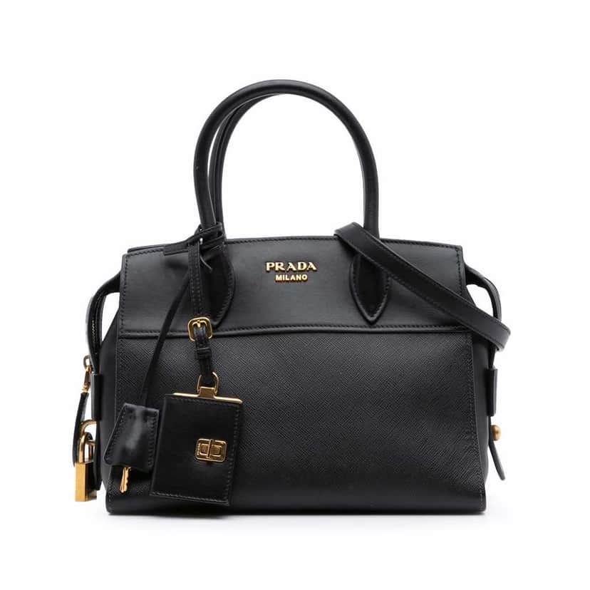 Prada Small Saffiano and City Calf Esplanade Satchel Black Leather Good condition - Front View