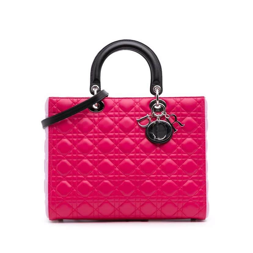 Dior Large Tricolor Lambskin Cannage Lady Dior Pink Leather Very good condition - Front View