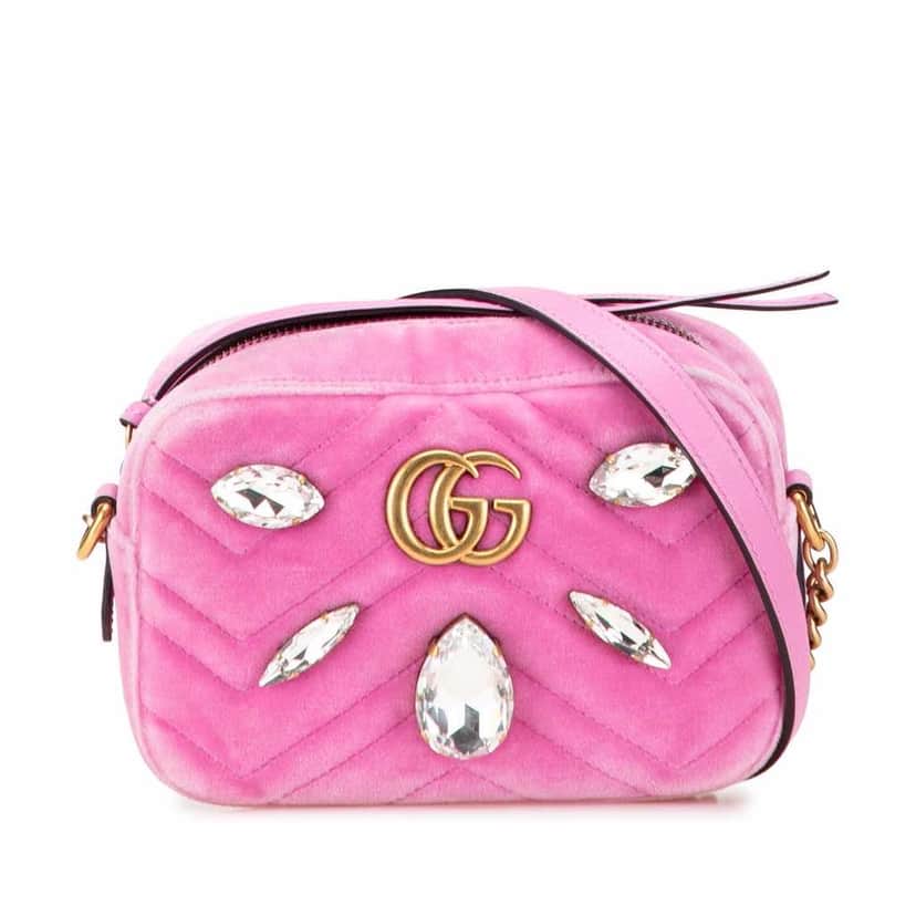 Gucci Mini GG Marmont Crystal Embellished Matelasse Velvet Crossbody Pink Velvet Good condition - Front View