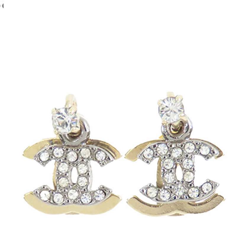 Chanel Gold and Silver Plated CC Rhinestones Drop Push Back Earrings Gold Metal Good condition - Front View