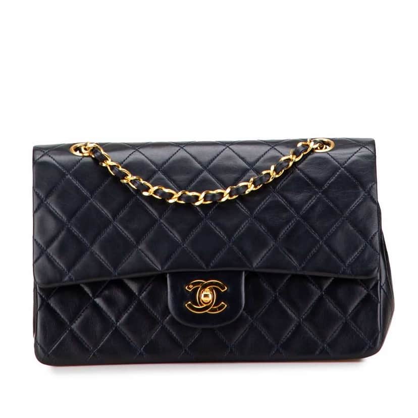Chanel Medium Classic Lambskin Double Flap Blue Leather Fair condition - Front View