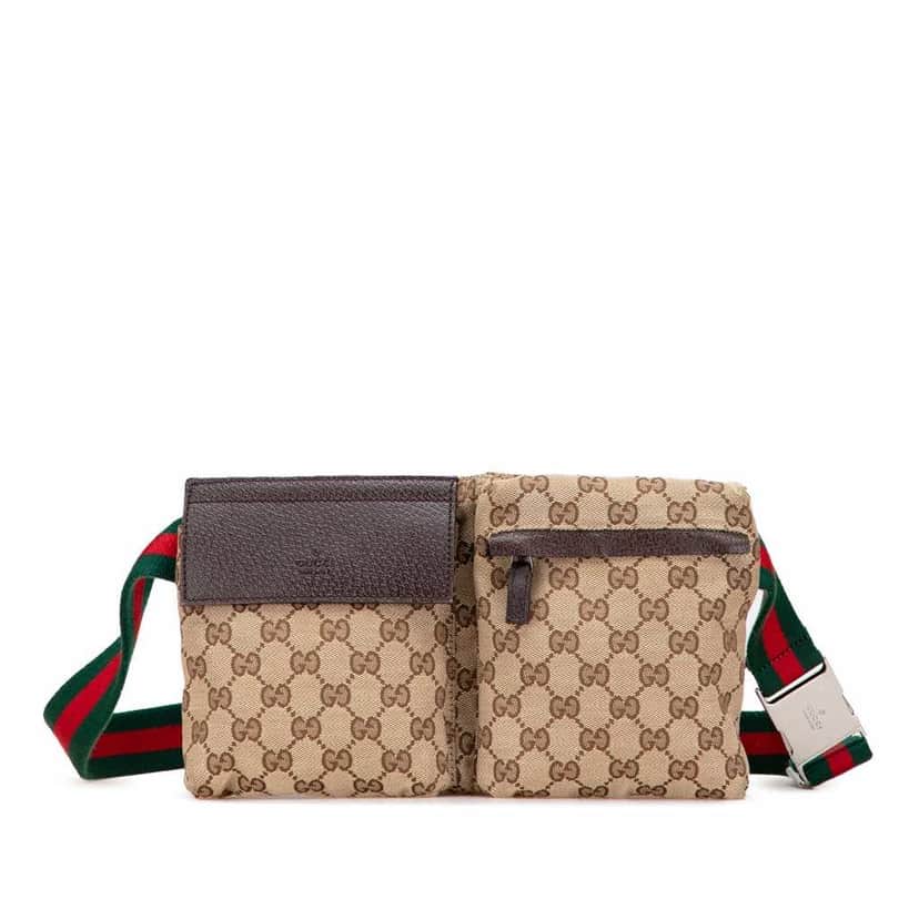 Gucci GG Canvas Web Double Pocket Belt Bag Brown Canvas Good condition - Front View