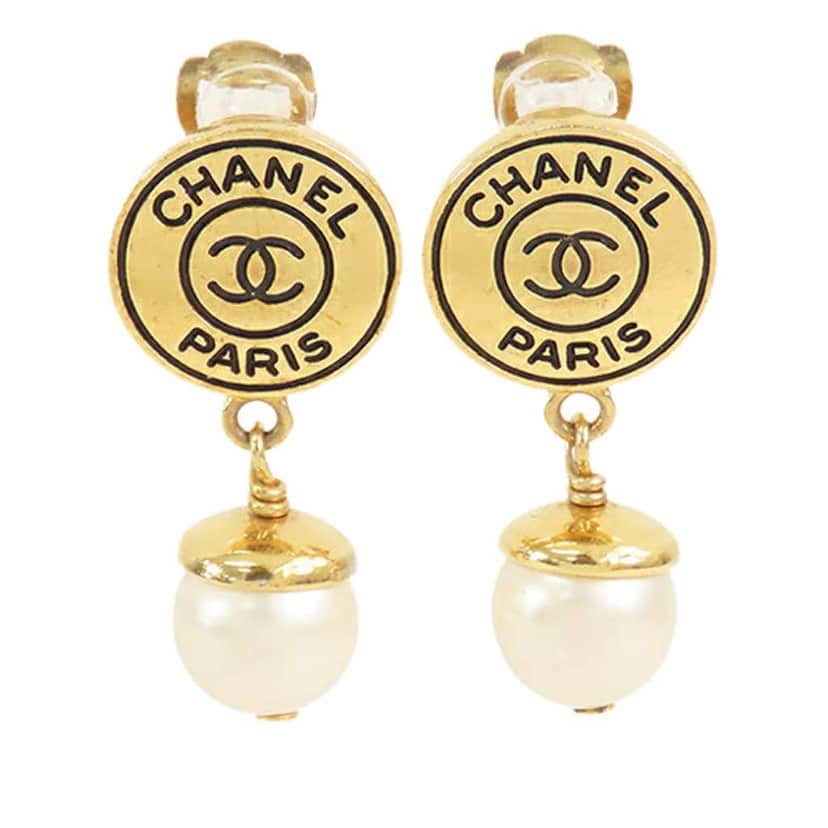 Chanel Gold Plated Faux Pearl Logo Clip on Drop Earrings Gold Metal Good condition - Front View