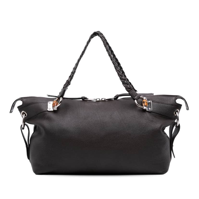 Gucci Large Pebbled Calfskin Bamboo Bar Tote Brown Leather Good condition - Front View