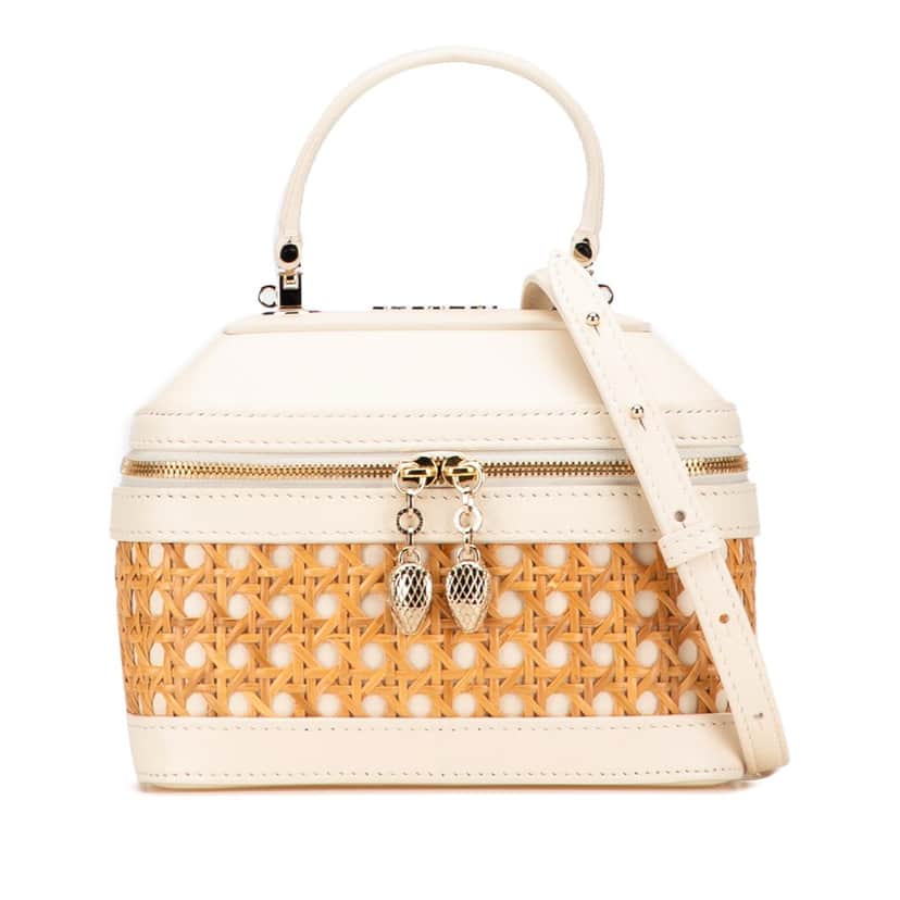 Bvlgari Vienna Straw and Calfskin Serpenti Forever Vanity Bag Brown Leather Good condition - Front View