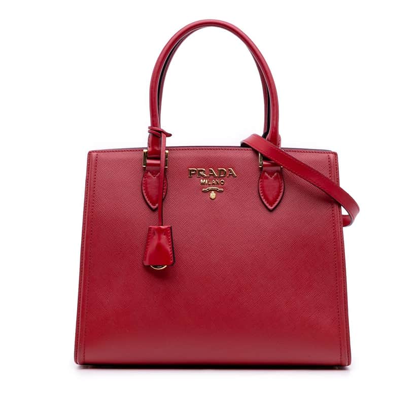 Prada Soft Calf Trimmed Saffiano Convertible Tote Red Leather Good condition - Front View