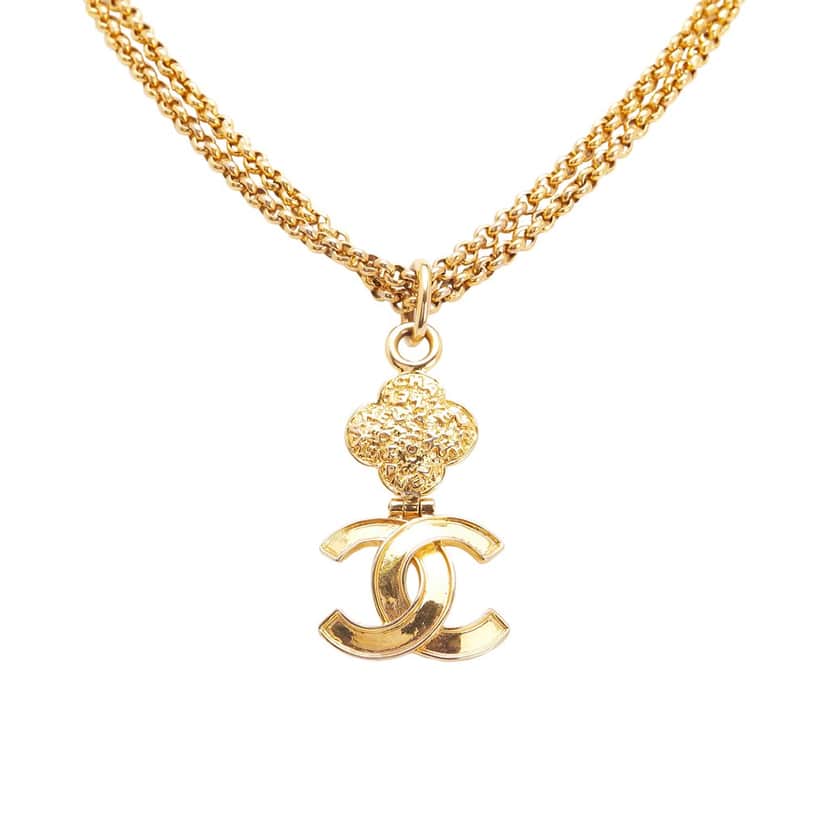 Chanel CC Gold Plated Double Chain Clover Pendant Necklace Gold Metal Good condition - Front View