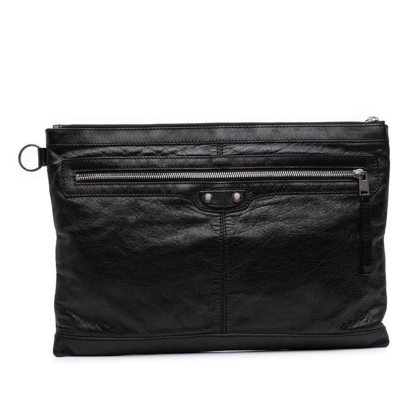 Balenciaga Lambskin Motocross Classic Clip L Clutch Black Leather Good condition - Front View