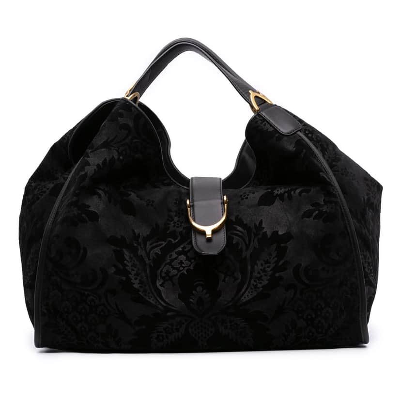 Gucci Large Nubuck and Suede Brocade Soft Stirrup Shoulder Bag Black Leather Good condition - Front View