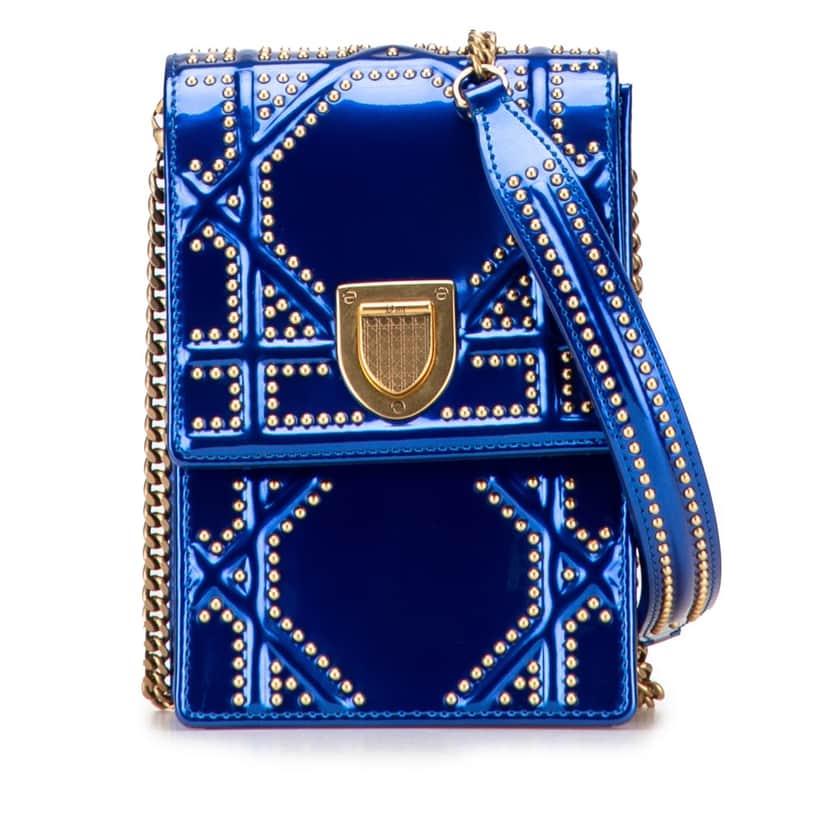 Dior Studded Patent Diorama Vertical Clutch Blue Leather Good condition - Front View