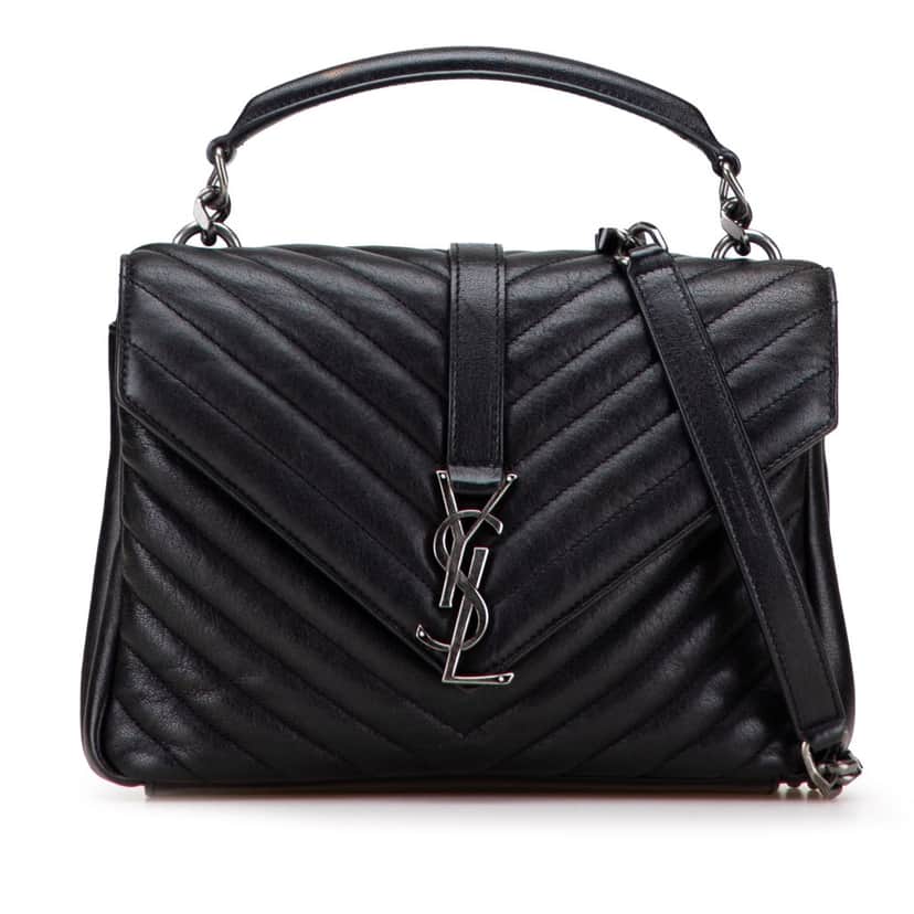 Saint Laurent Medium Quilted Chevron Sheepskin College Satchel Black Leather Good condition - Front View