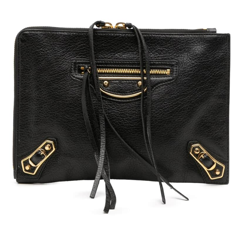 Balenciaga Chevre Motocross Metallic Edge Clutch Black Leather Good condition - Front View