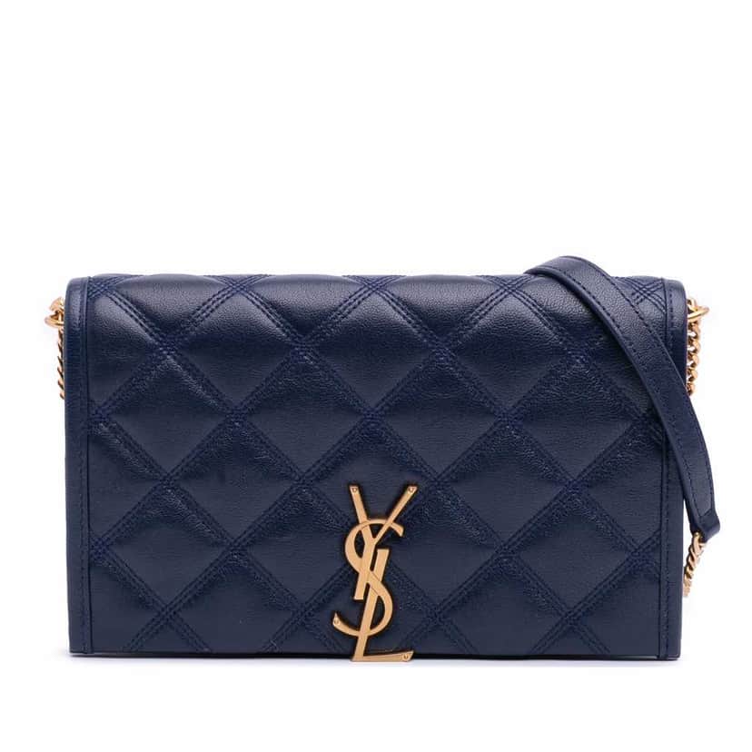 Saint Laurent Quilted Diamond Lambskin Becky Wallet on Chain Blue Leather Good condition - Front View