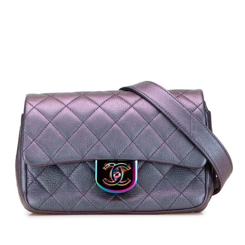 Chanel Small Iridescent Goatskin Double Carry Waist Chain Flap Purple Leather Good condition - Front View