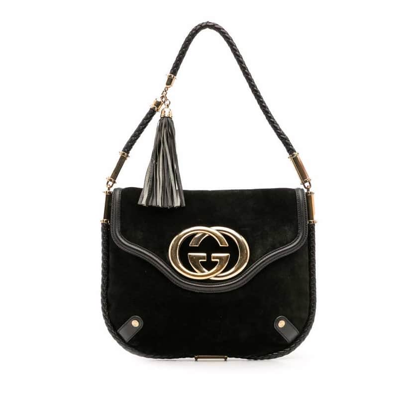 Gucci Medium Suede Britt Tassel Flap Shoulder Bag Black Leather Good condition - Front View