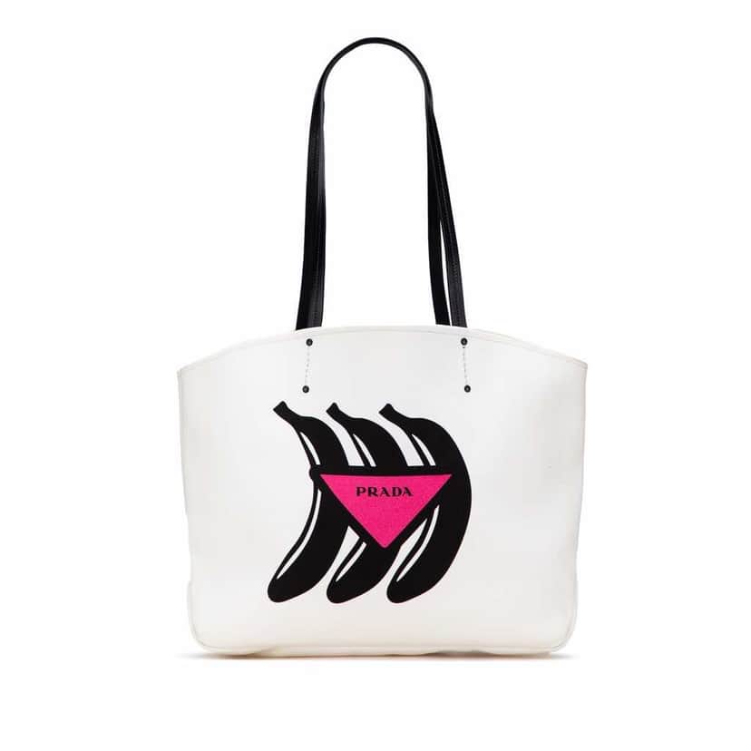 Prada Canapa Banana Print Tote White Canvas Good condition - Front View