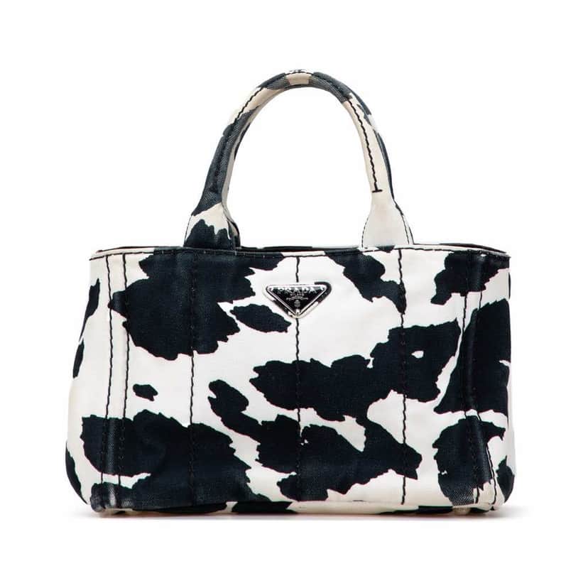 Prada Small Canvas Canapa Cow Print Satchel White Canvas Good condition - Front View
